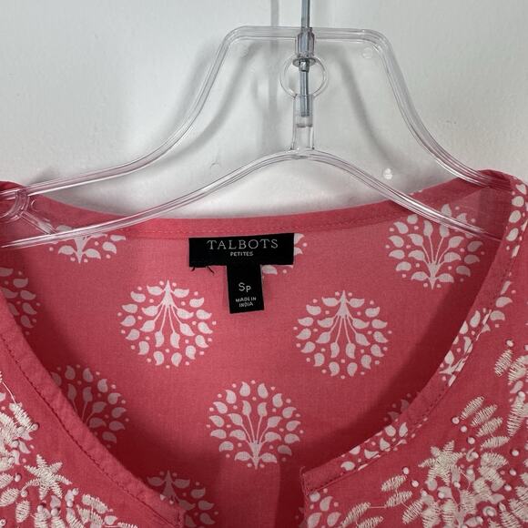 Talbots Womens SP Pink 3/4 Sleeve Cotton Printed Lightweight Semi Sheer Blouse - Picture 2 of 5